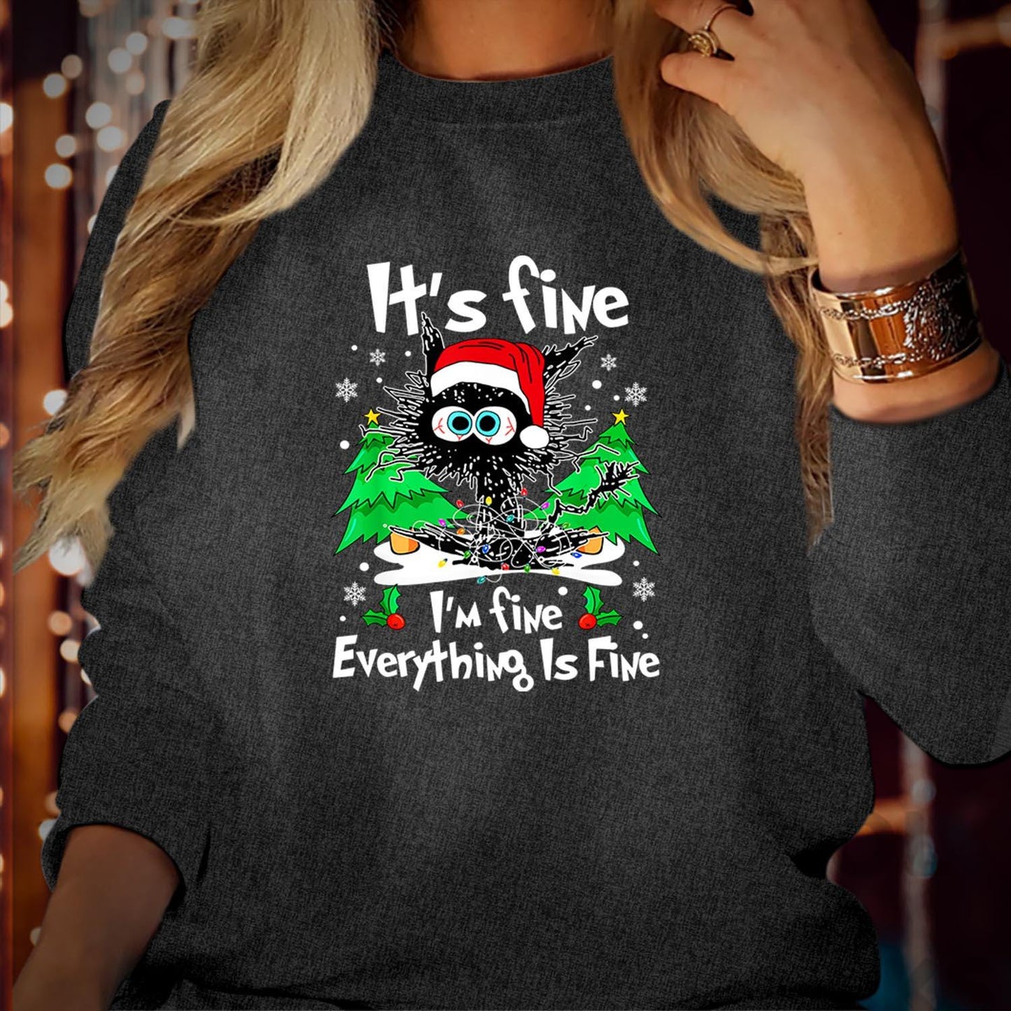 SWEATSHIRT (5354) Black Cat It's Fine Everything is Fine Christmas Sweaters - Funny Men Women's Kids Family Holiday Farm Animal Xmas Jumper