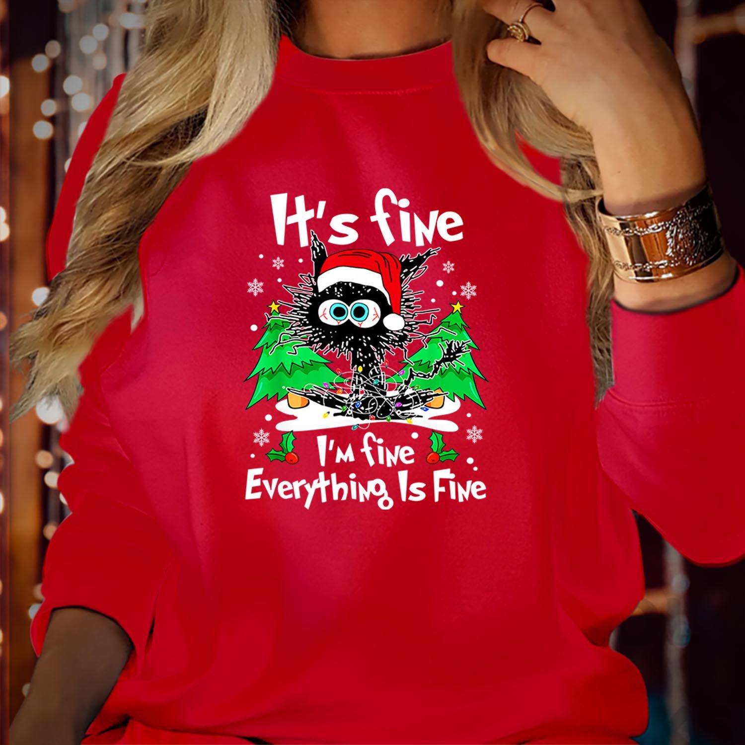 SWEATSHIRT (5354) Black Cat It's Fine Everything is Fine Christmas Sweaters - Funny Men Women's Kids Family Holiday Farm Animal Xmas Jumper