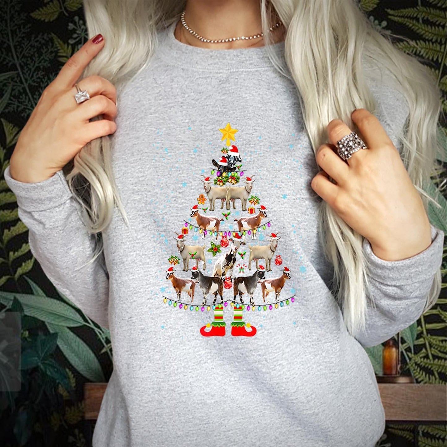 SWEATSHIRT (5362) Christmas Tree GOAT Holiday Sweatshirts - Cute Farm Animals Santa Light Decorations Snow Party Matching Outfit Xmas Jumper