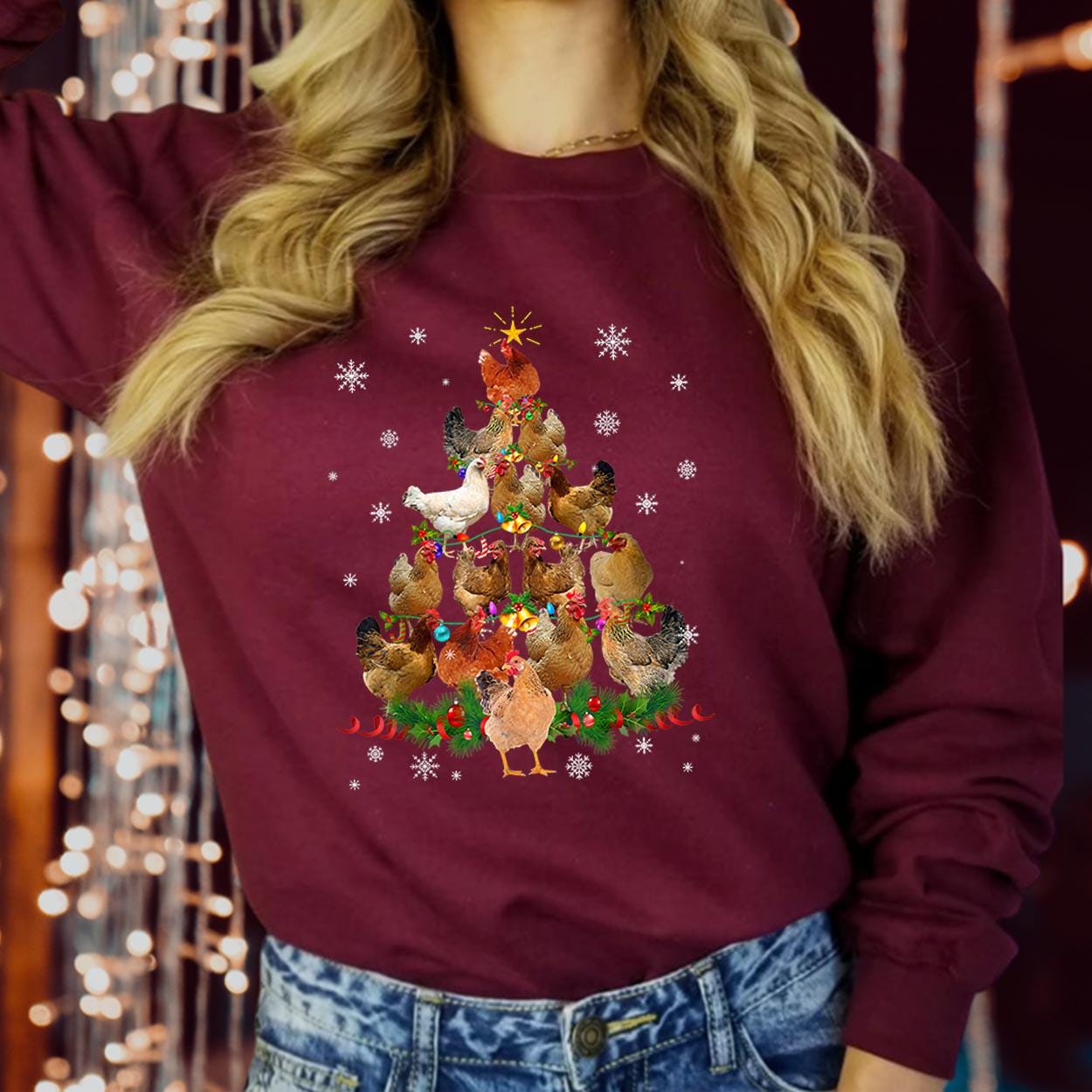 SWEATSHIRT (5369) Merry Christmas Chicken Tree Swaetshirts - Hen Xmas Trees Funny Ugly Christmas Sweater Funny Xmas Family Holiday Jumper