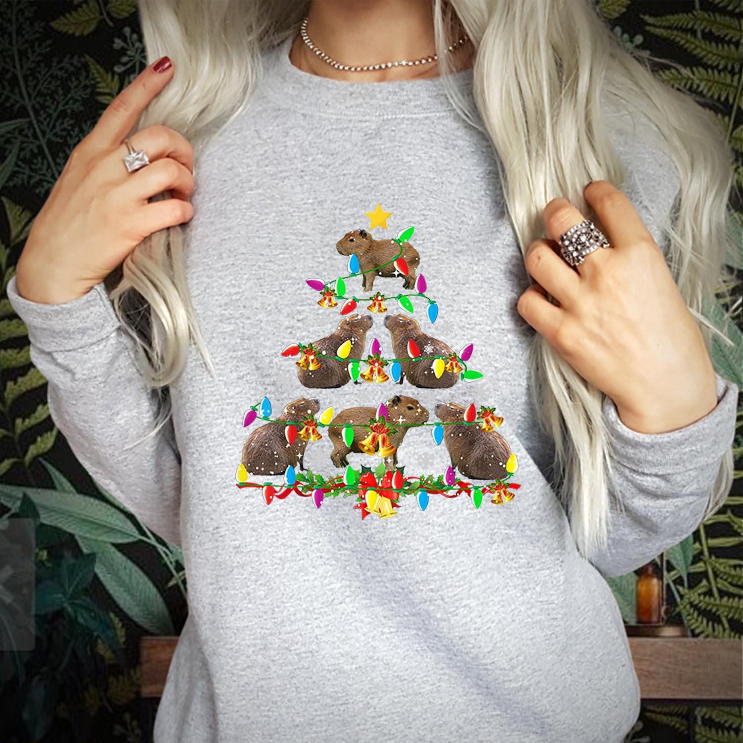 SWEATSHIRT (5373) Festive Capybara Christmas Tree Sweatshirts -  Cute Holiday Lights Farm Animal Santa Family Costume - Merry Xmas Jumper