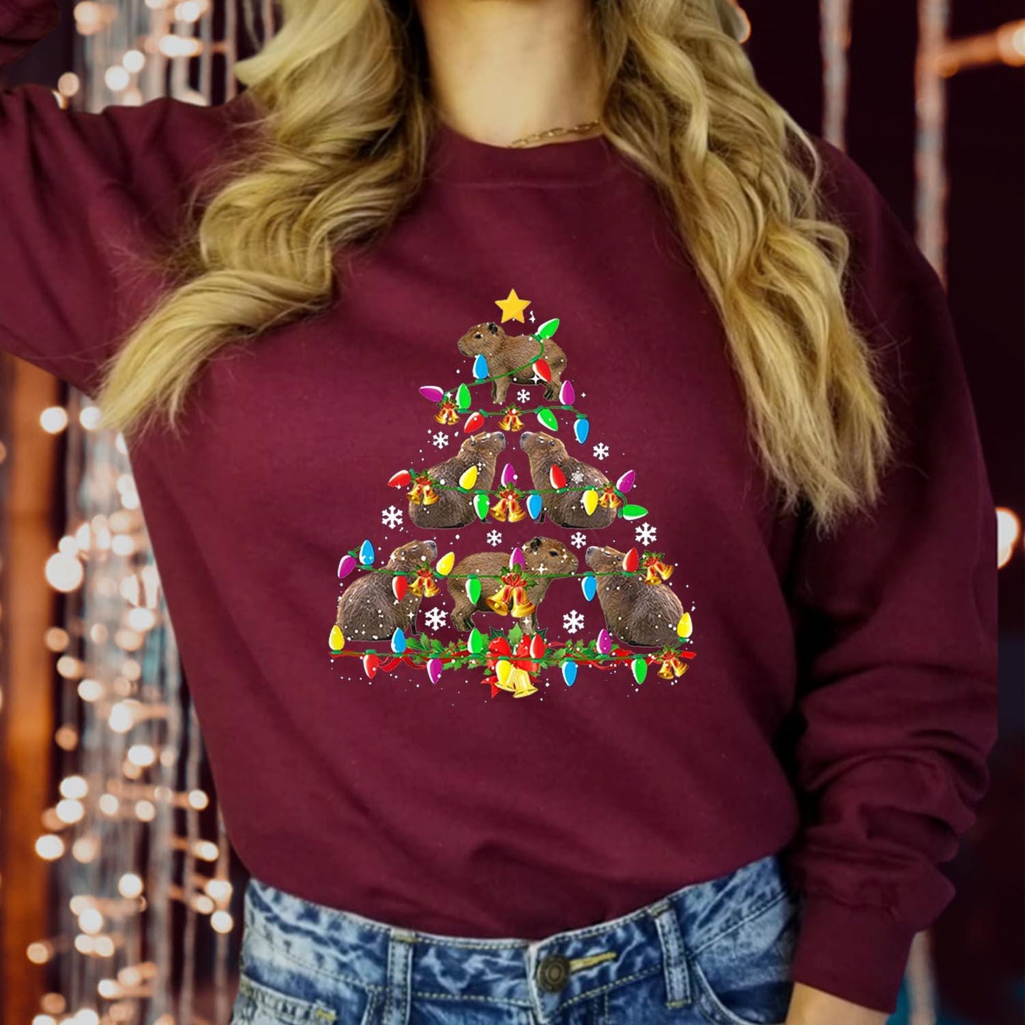 SWEATSHIRT (5373) Festive Capybara Christmas Tree Sweatshirts -  Cute Holiday Lights Farm Animal Santa Family Costume - Merry Xmas Jumper