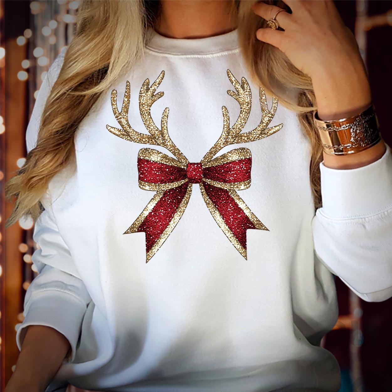 SWEATSHIRT (5174) Merry Christmas Coquette Reindeer Bow Bright & Merry Festive Funny Family Holiday Season Gift Xmas Jumper